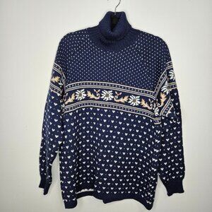 Bogner Wool Alpaca Turtleneck Sweater Sz L Colorwork Fair Isle Nordic Navy Blue